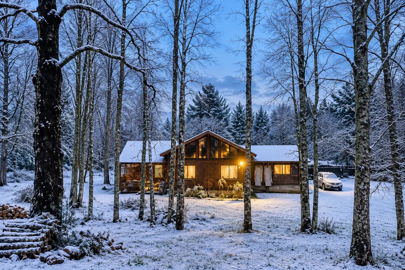 La casa de Fabián Fiori entre el bosque nevado, en Pucón, Chile